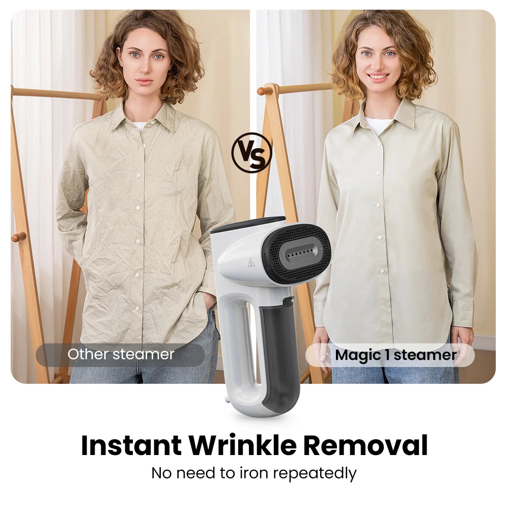 Plancha de vapor portátil con succión automática para ropa.