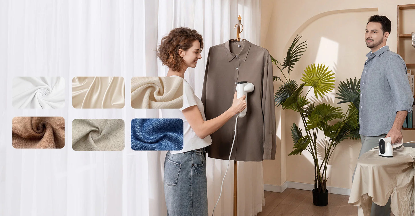 Plancha de vapor portátil con succión automática para ropa.